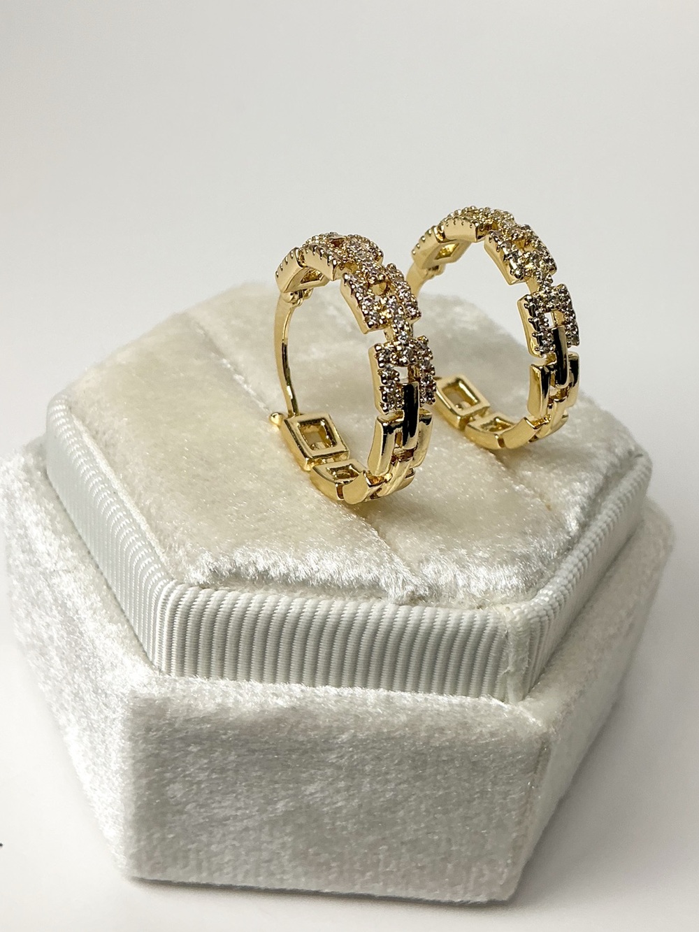 Gold Geometric Hoop Earrings CZ Link Huggie Hoops